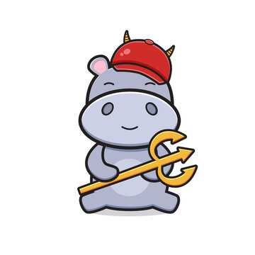 Cute hippo devil cosplay halloween mascot icon cartoon illustration flat cartoon style