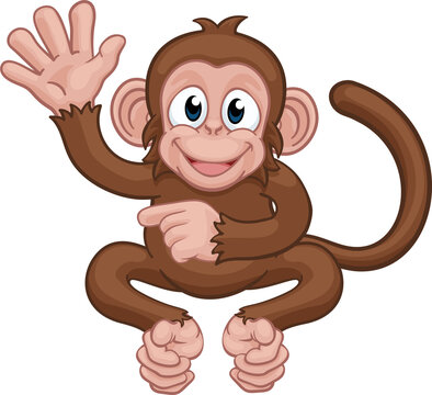 Monkey Cartoon Animal Waving and Pointing