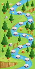 Game map forest river gui background, template in cartoon style, casual isometric view. Decorated with stones, trees, pond. 
