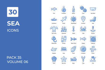 Sea icons collection. Set contains such Icons as fish, green, icon, loots, ocean, octopus, play, rig, sand, sea, treasures, water, and more