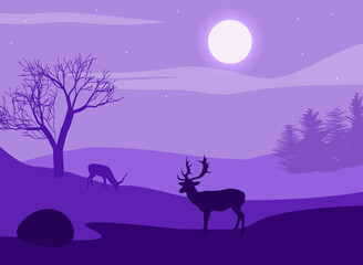 Deer in the winter on a night field