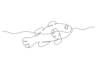 Continuous line drawing of fish with the ocean. Minimalism art.