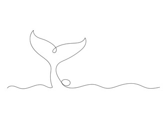 Continuous line drawing of whale tail. Minimalism art.