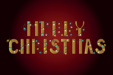 Merry Christmas garland text. Greeting card with glowing light bulb garland on gradient background. Vector illustrtion