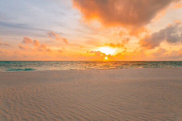 Colorful sky clouds ocean beach sunrise sunset dramatic motivational. Tropical island seaside coastal landscape, exotic beach shore, sea horizon. Inspire happy closeup of sand, beautiful summer travel