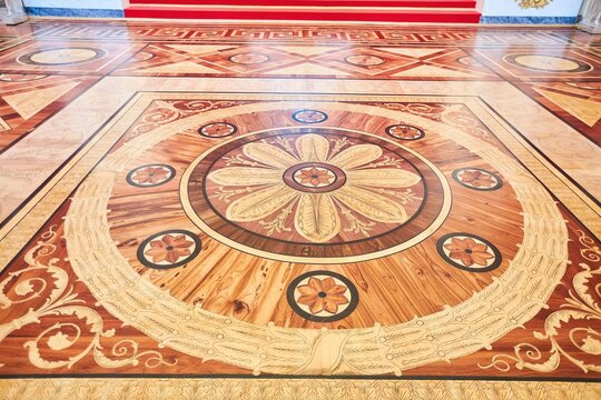 St. Petersburg, Russia - May 27, 2021: Hermitage Museum, parquet made of precious wood of fine art work. Palace interior details.