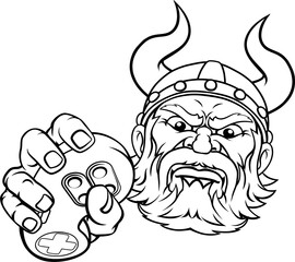 Viking Gamer Video Game Controller Mascot Cartoon