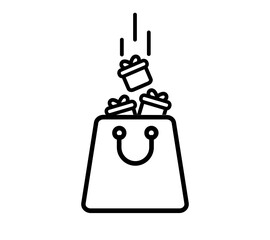 Illustration of an icon in the form of a shopping basket with gifts falling from above