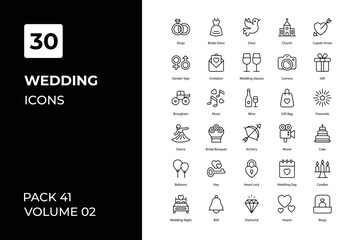 Wedding icons collection. Set contains such Icons as bible, bird, bouquet, bride, cake and more
