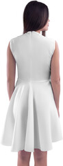 white designer dress on a dark-haired girl in moccasins, a mid-length sundress for pattern. Summer...