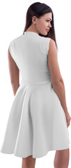 white designer dress on a dark-haired girl in moccasins, a mid-length sundress for pattern. Summer...