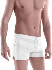 White boxers mockup, png, on guy, front, shorts isolated on background.