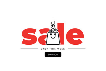 Advertising banner with the inscription sale, on which a shopping bag into which gifts fall on a white background