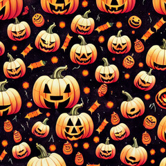 halloween pumpkins and autumn leaves pattern, holiday illustration, textures, wallpapers