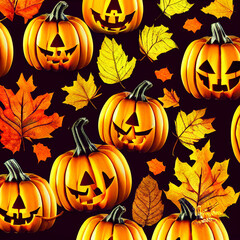 Naklejka na ściany i meble halloween pumpkins and autumn leaves pattern, holiday illustration, textures, wallpapers
