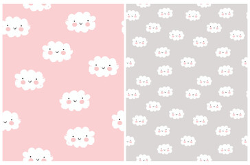 Cute Simple Baby Shower Vector Patterns ideal for Baby Girl. White Fluffy Smiling Cloud on a Light Gray and Pastel Pink Background. Delicate Nursery Repeatable Print. Cloudy Kawaii Style Pattern.