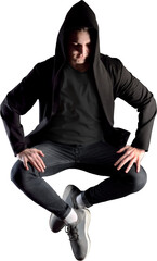 PNG. Mockup of mens black t-shirt on guy isolated on transparent background
