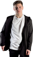 PNG. Mockup of mens white t-shirt on guy in black isolated on transparent background