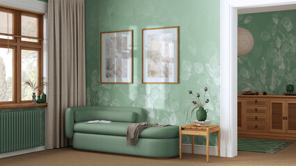 Elegant living room in green and beige tones with carpeted floor, wallpaper and fabric sofa. Minimalist classic interior design