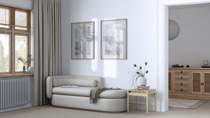 Fototapeta na wymiar Elegant living room in white and beige tones with carpeted floor and fabric sofa. Minimalist classic interior design