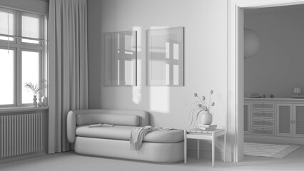 Total white project draft, elegant living room with carpeted floor and fabric sofa. Minimalist classic interior design