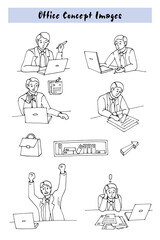 Office, manager's work, image of different situations and moods at work. Line drawn stylized man, vector illustration of office life