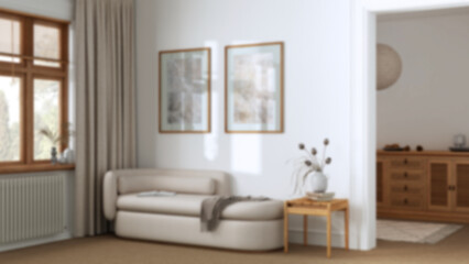 Obraz na płótnie Canvas Blurred background, elegant living room with carpeted floor and fabric sofa. Minimalist classic interior design