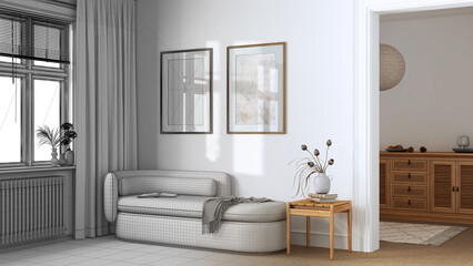 Architect interior designer concept: hand-drawn draft unfinished project that becomes real, elegant living room with carpeted floor and fabric sofa. Minimalist classic