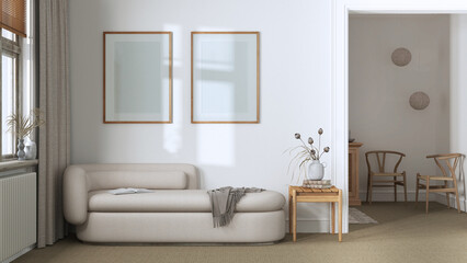 Fototapeta na wymiar Classic minimal living room in white and beige tones with carpeted floor and fabric sofa. Frame mock up. Elegant vintage interior design