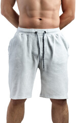 PNG. Mockup of white heather shorts on a man, isolated on transparent background