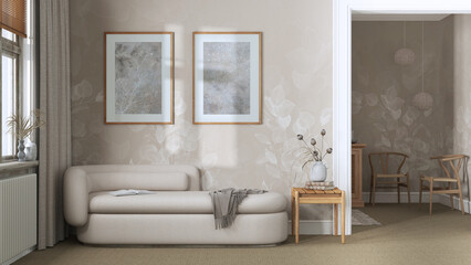 Classic minimal living room in white and beige tones with carpeted floor, wallpaper and fabric sofa. Elegant vintage interior design