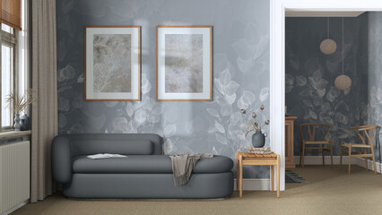 Classic minimal living room in gray and beige tones with carpeted floor, wallpaper and fabric sofa. Elegant vintage interior design