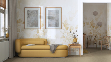 Classic minimal living room in yellow and beige tones with carpeted floor, wallpaper and fabric sofa. Elegant vintage interior design © ArchiVIZ