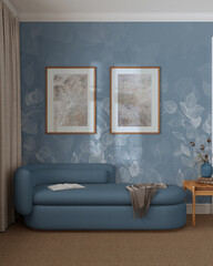 Elegant living room in blue and beige tones front view, wallpaper, carpeted floor and fabric sofa. Minimalist classic interior design