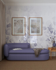 Elegant living room in purple and beige tones front view, wallpaper, carpeted floor and fabric sofa. Minimalist classic interior design