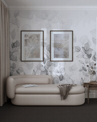 Elegant living room in dark and beige tones front view, wallpaper, carpeted floor and fabric sofa. Minimalist classic interior design