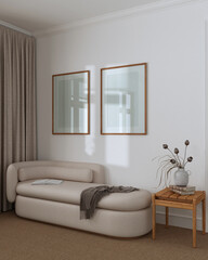 Elegant living room in white and beige tones, carpeted floor and fabric sofa. Frame mock up. Japandi classic interior design