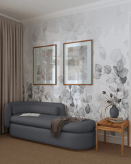 Elegant living room in gray and beige tones with wallpaper, carpeted floor and fabric sofa. Japandi classic interior design