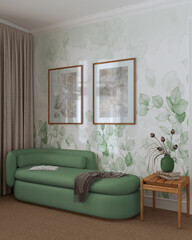Elegant living room in green and beige tones with wallpaper, carpeted floor and fabric sofa. Japandi classic interior design