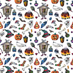 Fototapeta premium Seamless pattern of halloween elements. Bright hand-drawn elements, pumpkins, hous, mushrooms, skull, a vial of poison, a lantern, leaves, a witch's hat, bats, a witch's cauldron with potion, feathers