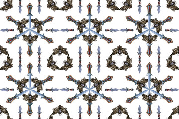 Seamless geometric watercolor pattern. Daggers and a Death's Head moth.