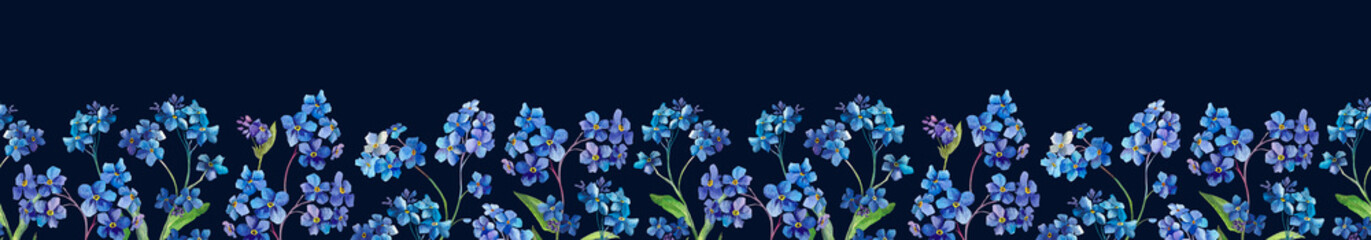 Fototapeta na wymiar Seamless floral watercolor horizontal border on a dark background. Spring wildflowers