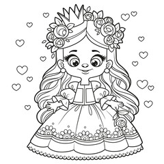 Cute cartoon longhaired princess girl with rose in hand outlined for coloring page on white background