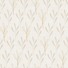 Pinnate leaves on a beige fabric background. Golden outline elements. The texture of the linen fibers. Regular floral repeating pattern. Vector background for cards, wrapping or wallpaper.