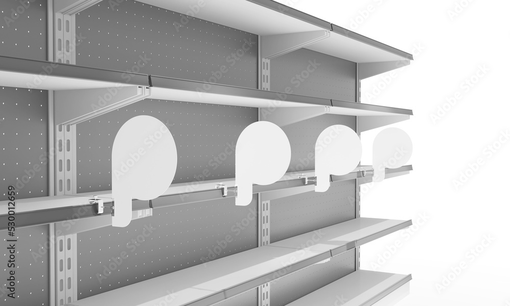 Poster supermarket set of shelves with white stoppers, circle wobblers in row. blank shelf display mock-up.