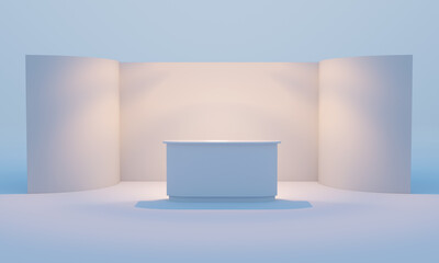 Empty wall backdrop. Background for online event or conference., Studio scene for mockup, Simple exhibition counter, 3D render	