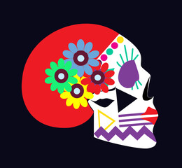 Colorful Mexican skull side view with flowers. Day of the dead background vector illustration. 