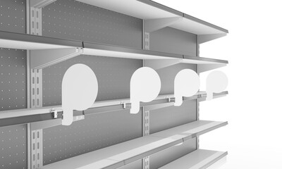 Supermarket Set of Shelves With White Stoppers, Circle Wobblers in Row. Blank Shelf Display Mock-up. 3D rendering	