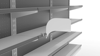 Supermarket Set of Shelves With White Stopper, Single Wobbler. Blank Shelf Display Mock-up. 3D rendering	