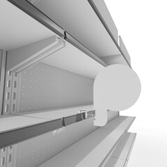 Supermarket Set of Shelves With Circle Stopper, Single White Wobbler. Blank Shelf Display Mock-up. 3D rendering	